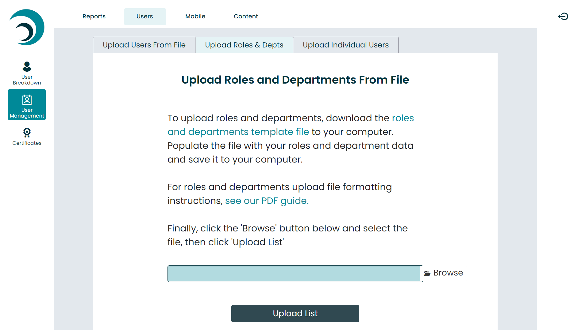Upload roles and departments from file